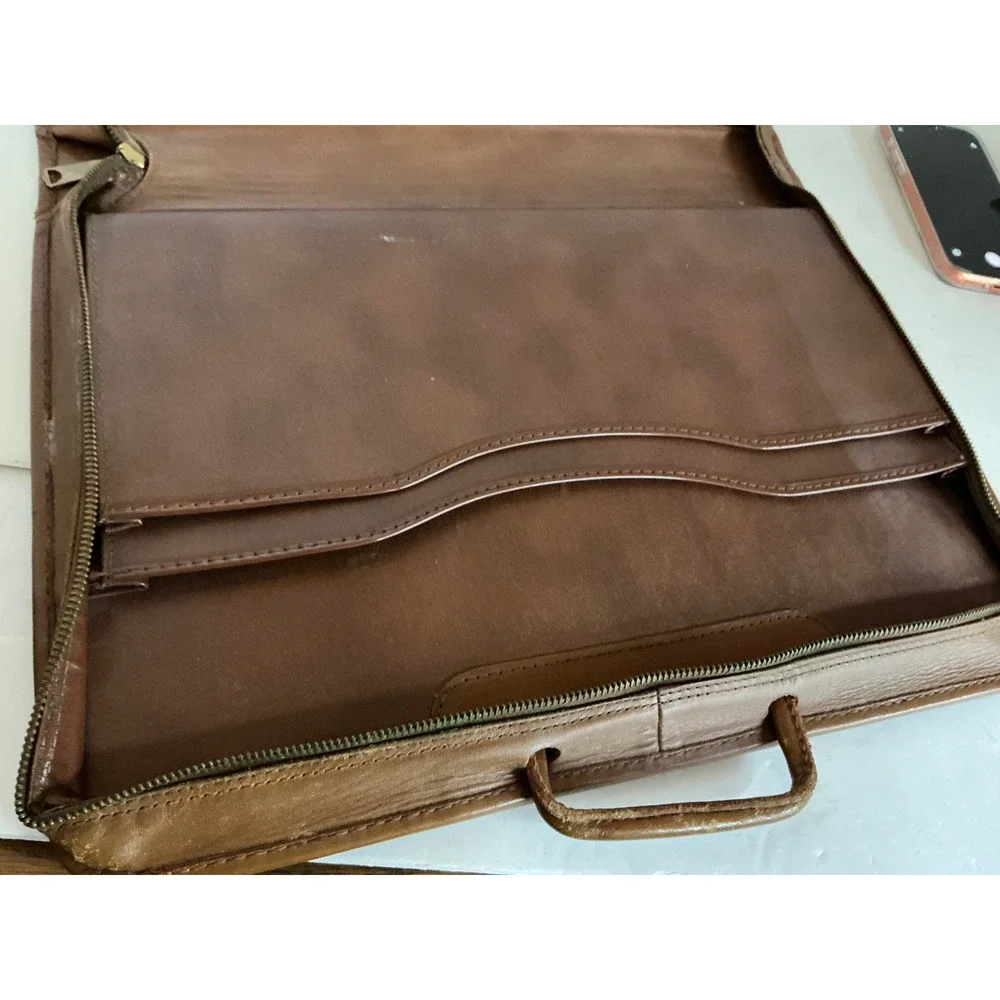 Vintage Leather Briefcase Slim Document Portfolio Brown Retractable Handle L 16